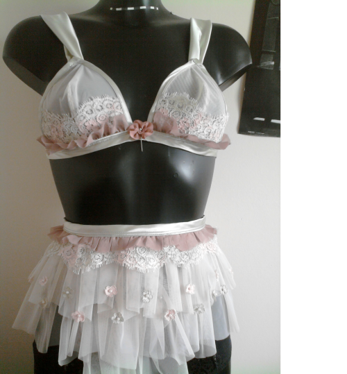 1 garment down! 5 more to go.Soft cup bra and tutu made with delicate gathered trim and hand painted