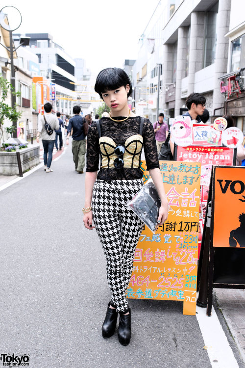 Beni on Cat Street in Harajuku w/ gold bustier, houndstooth pants &amp; wedge booties.