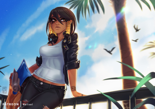 helixel:A pharah pinup from last month! This is the casual clothes version. :>Had a bunch of fun on this, even though I could fix a few things now. [ Patreon ]