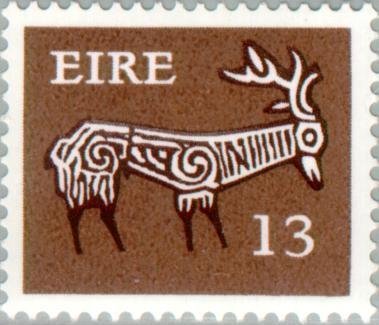 stamp-it-to-me:two 1980 Irish stamps depicting stags stylized similarly to early Irish art