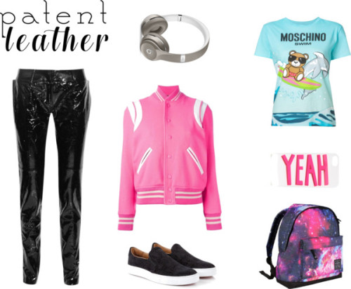 Yeah by triplea-1 featuring a blue backpackMoschino short sleeve top, €185 / Yves Saint Laurent pink