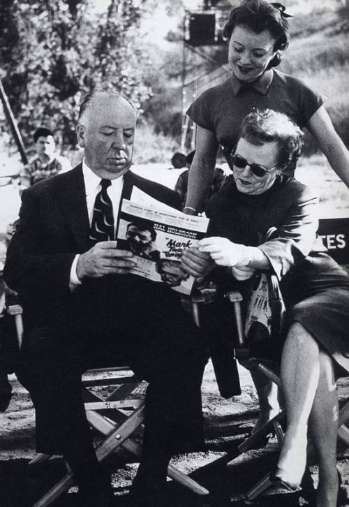 cinephiliabeyond: Alfred Hitchcock, wife Alma and daughter Pat (87 today) on the set of PSYCHO. http