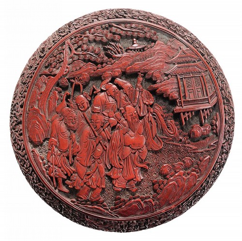 Lacquered Box, Chinese, 20th century.Cover finely carved group of elders in a pagoda in a mountainou