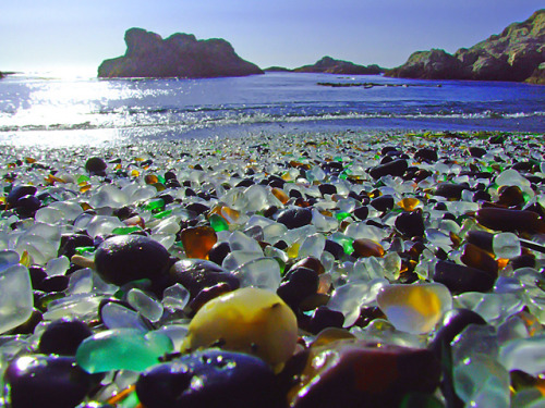 joodle:  Glass Beach, Northern California From 1950 to 1967, residents of Fort Bragg, California chose to dispose of their waste by hurling it off the cliffs above a beach. No object was too toxic or too large such as household appliances, automobiles,