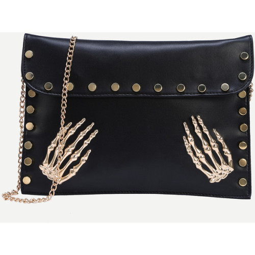 Black Metal Skeleton Hand Accent Studded Clutch Bag ❤ liked on Polyvore (see more metal purses)