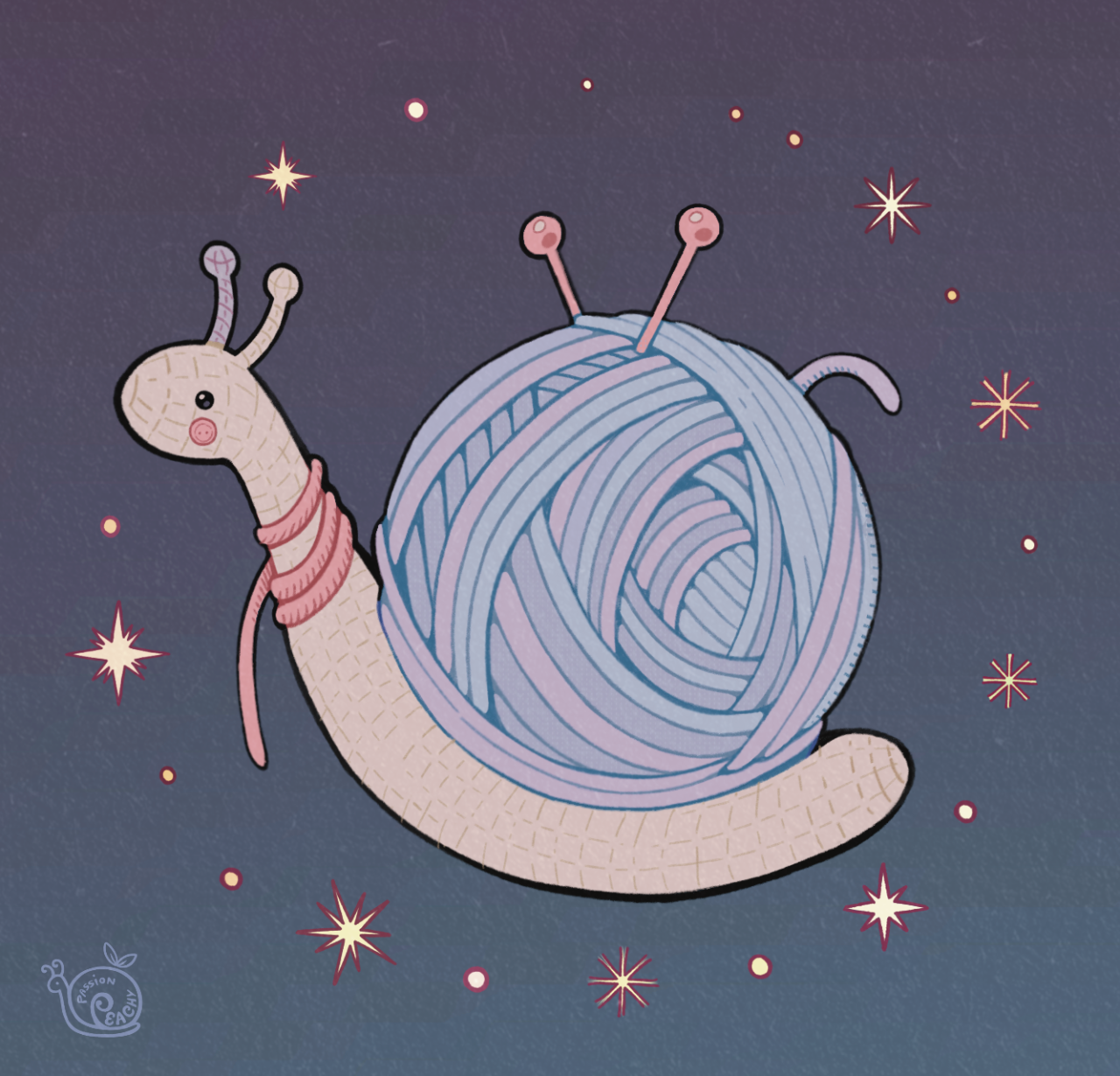 A light-colored crocheted snail with a ball of light periwinkle yarn for a shell. Pink crochet needles are stabbed through the ball of yarn on top. It wears a single pink string as a scarf, and a small pink button under its bead eye as blush. The background is dark blue with yellow stars in a radial pattern.