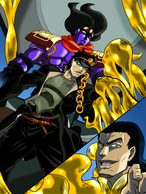  I decided to draw my own interpretation of Jotaro vs Rubber Soul fight from Stardust Crusaders.  Di