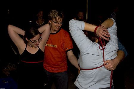 happytie: Challenged to a head-to-head escapology contest. 