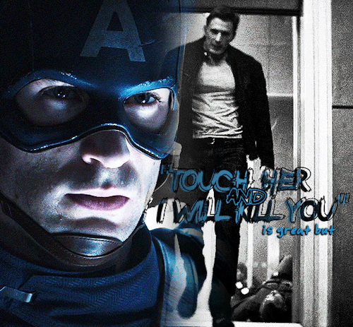 Gif #01 of 2. Gif of Steve Rogers from the Marvel Cinematic Universe. The text on the gif says "'touch her and I'll kill you' is great but".
