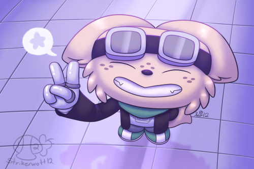 A drawing of Fenton in a perspective shot. He's standing on a reflective school floor, and he's smiling and making a peace sign with his prosthetic hand. There's also a speech bubble with a light blue star.