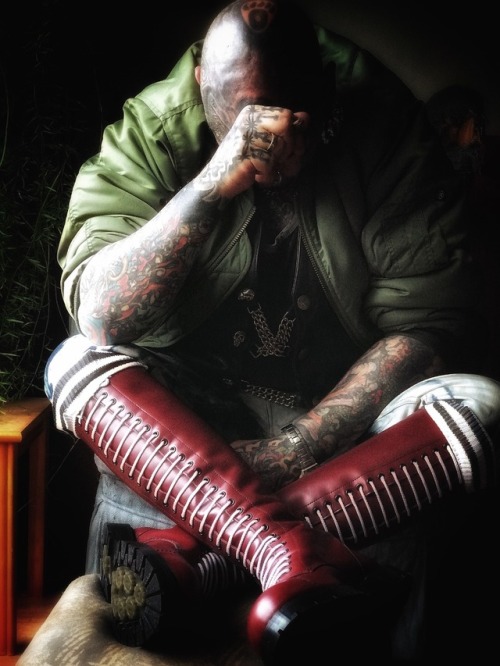 leatherbiker3:  inkedbearrob: Contemplation Beautiful cherry red 30 hollers my favorite boots!!