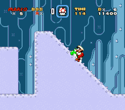 suppermariobroth:  In Super Mario World, if you are riding Yoshi, you can slide in both directions on icy slopes by pressing down+right or down+left simultaneously. 