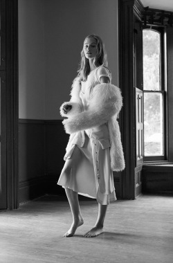 amy-ambrosio:  Vanessa Axente by Stas Komarovski for Models.com, June/July 2015.Coat Altuzarra, T-shirt Calvin Klein, slip Nili Lotan, shirt (around waist) See by Chloé.