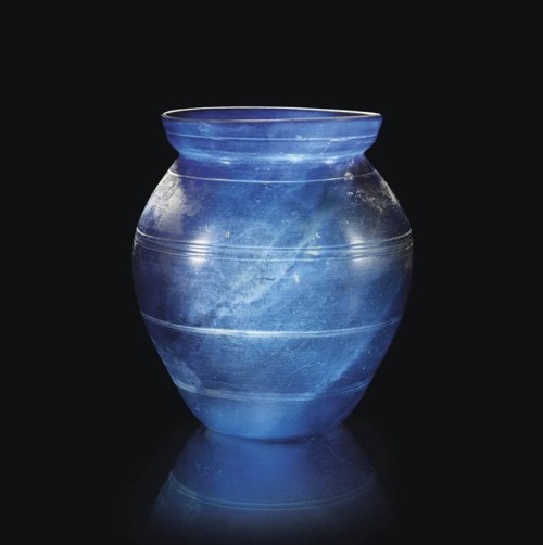 eyesaremosaics:Large Roman cobalt blue glass jar, circa 1st - 2nd century A.D.