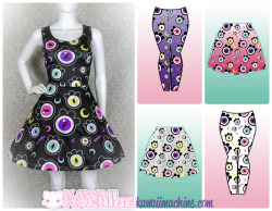 thekawaiimachine:I’ve been experimenting with using elements from existing designs in new patterns and MAN DO I LOVE THIS.You can grab The Eyes Have It in skater dresses and skirts as well as leggings.  I’ll also be adding backpacks and a few brand