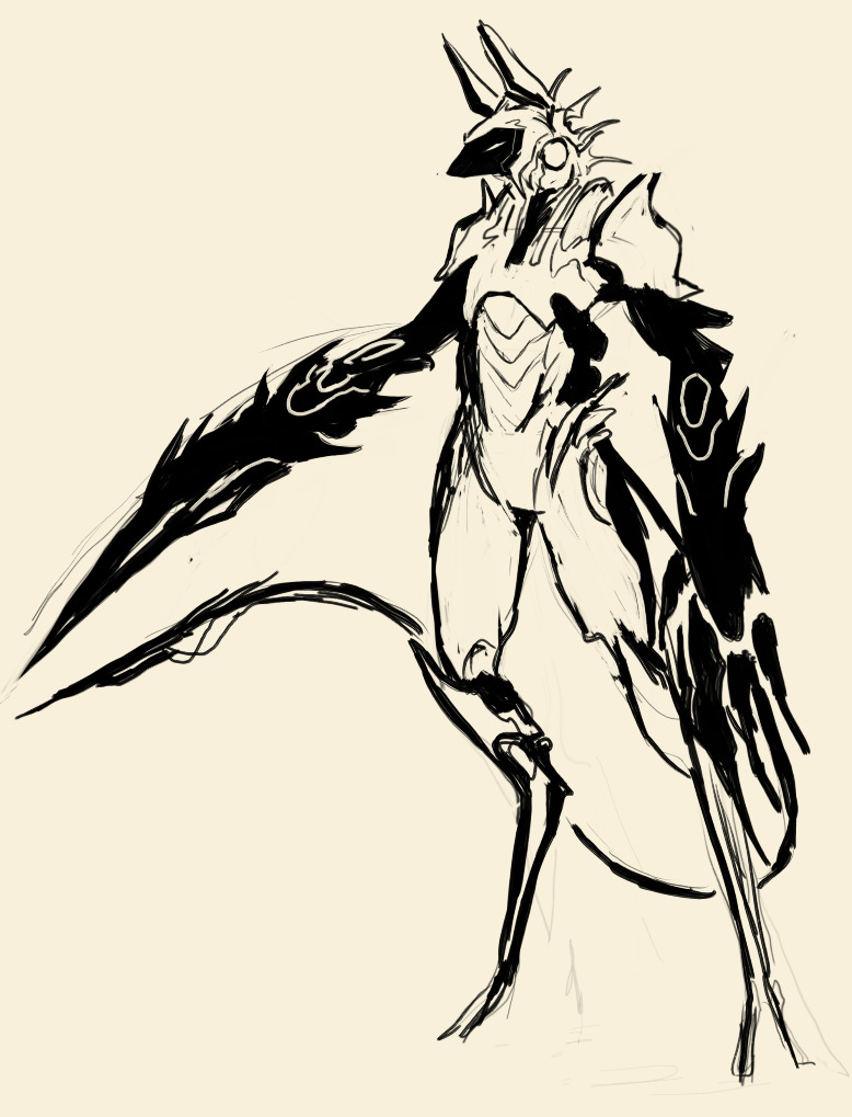 A robot with a dog-like face composed of LED's, thin ears, and a segmented metal body. Their hands are abnormally large, and contain serrated blades. Their legs are digitigrade.