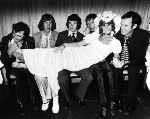 Carol Cleveland with most of Monty Python: Terry Jones, Eric Idle, Michael Palin, Graham Chapman, Jo