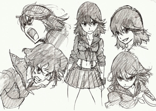 h0saki:Finished designs of Satsuki and Ryuko, illustrated by Sushio in The Art of KlK Vol 1. 