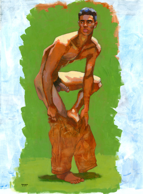 Nohea Putting on Shorts (Unfinished), acrylic painting by Douglas Simonson (2013). Douglas Simo