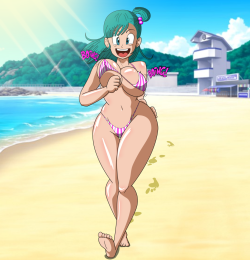 grimphantom:  Bouncy Bouncy Bulma by grimphantom   Hi, everyoneHere’s Bulma running around in a very tight bikini while bouncing those fun bags of hers lol. This one was inspired by :iconninozap0: when he drew a work of Bulma in a swimsuit, thought