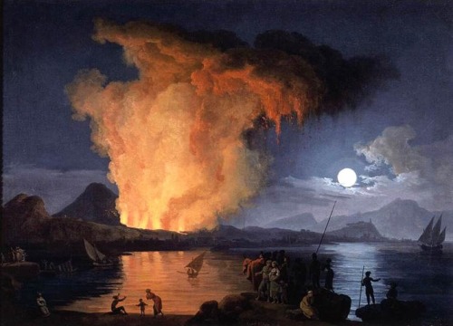 View of the Eruption of Mount Vesuvius.1770s.Oil on Canvas.56 x 76 cm.Art by Pierre-Jacques Volaire.