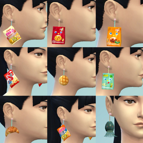 moo2shelly: Earrings →　Download  今度のはあんまりかわいくないイヤリングです。クオリティもいまいちです。主にもーさんの好きな食べ物とかです。 トースト、ポテチ