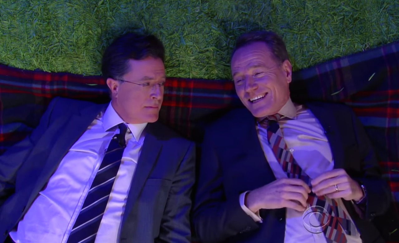 Cranston And Colbert Think Deep Thoughts About Heaven, God, And The Universe Bryan Cranston joins Stephen Colbert on the Big Questions blanket to ponder, you guessed it, big questions.