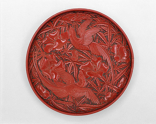 Tray with Two Flycatchers and Hollyhocks, 14th century China, Yuan dynasty (1271–1368)Carved red lac