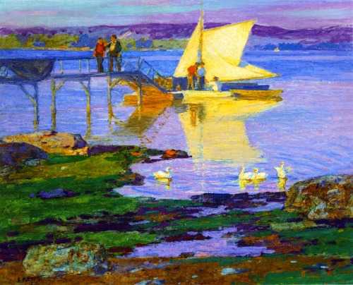 Edward Potthast (1857 - 1927) - Boat at Dock. Oil on canvas.