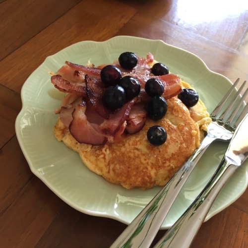 Coconut flour and egg pancakes with bacon + blueberries