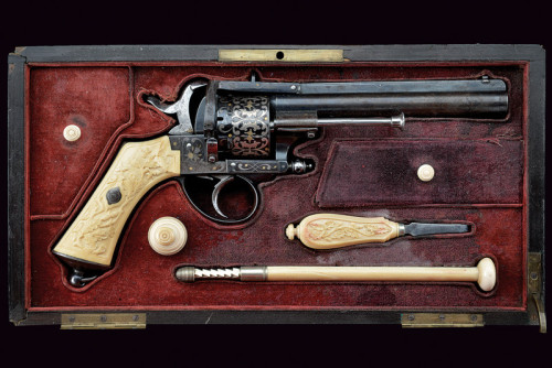 A gold and silver engraved, ivory handled revolver originating from France, late 19th century. Estim