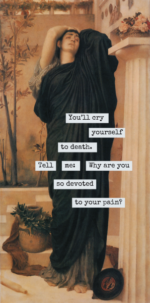 persephoneshellhounds:“You’ll cry yourself to death. Tell me: Why are you so devoted to your pain?”— Sophocles, “Elektra”, written c. 410 BCE // trans.  Peter Meineck and Paul WoodruffArt by: Frederic Leighton, Electra at the