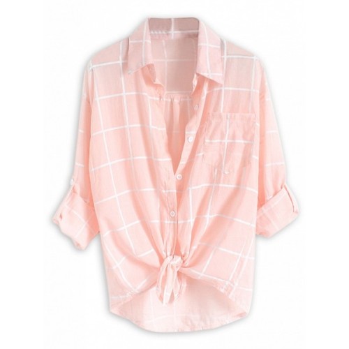 Choies Pink Plaid Print Roll Up Sleeve Semi-sheer Shirt ❤ liked on Polyvore (see more pink tops)