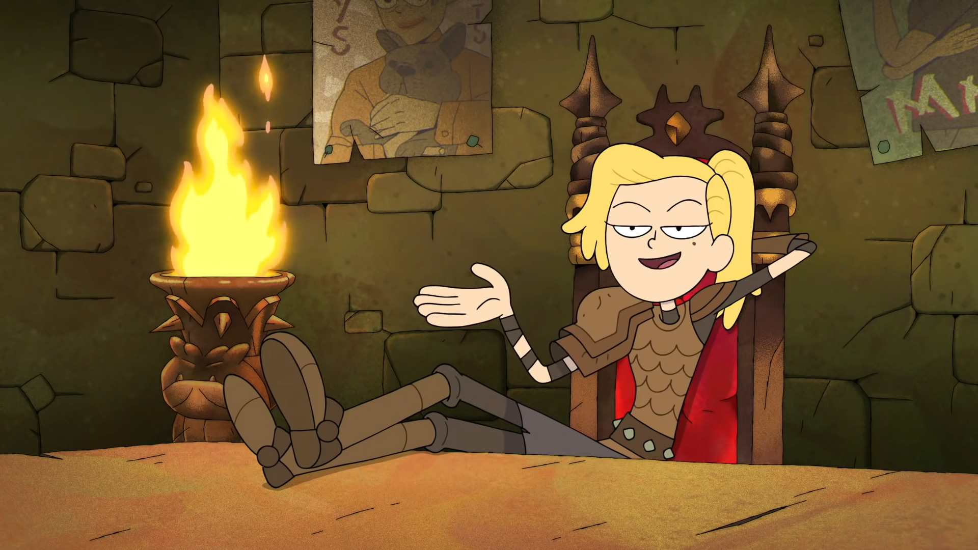 In Toad Tower, Sasha (in her brown armor) puts her feet up on a table, relaxes, and gestures with a self-satisfied smile. A large torch lights the background.