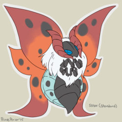 prinxeperier: Pokemon variants: Volcarona, the Sun Pokemon. Lunar-type is based on Luna moths, Rosy Nova-type is based on Rosy Maple Moths, and Eclipse-type is based on White-Lined Sphinx Moths.  (P.S. I love moths.) 