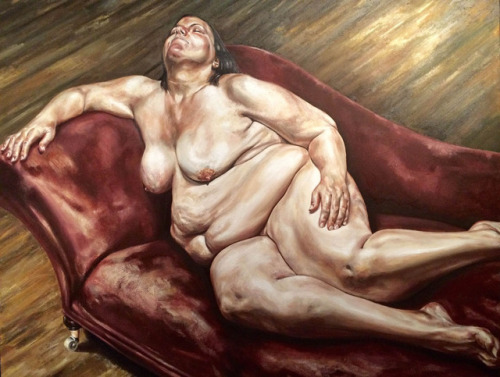 theartofobesity:Reclining Nude on a Red Chair by painter Rizvan Rahman