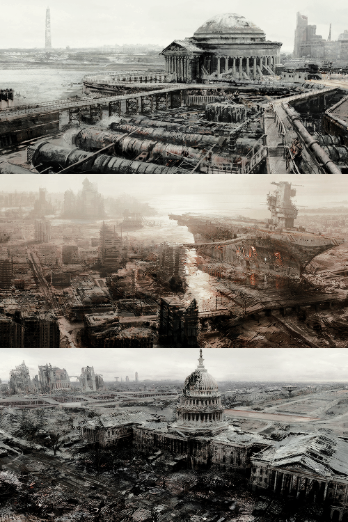 sofialamb:  Fallout 3 location concept art  → Jefferson Memorial, Rivet City, Washington DC, th