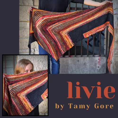 The Livie Shawl yarn pack by Tamy Gore is now available in the Headless Horseman Modernist and Quoth