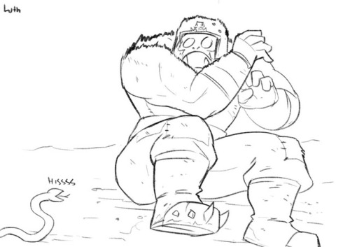 boltertokokoro:March Sketch request 03:Ork boy recoiling in fear of a snake.https://www.patreon.com/