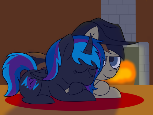 askkensake:“Cuddles”Request made by ask-the-alicorn-true-heart(( I tried my best with lighting ^u^ ))  D’aww :3