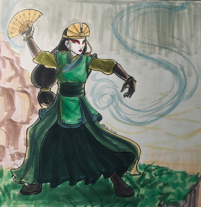 Avatar Kyoshi stands near a cliff. Her stance is firm and her left hand is raised and holding a fan. Her right hand summons a swirl of air. Her eyes are glowing white.