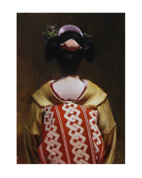 The Scarlet Fringe (Tomitsu) - original oil painting on 33cm x 24cm linen canvas - japanese geisha a