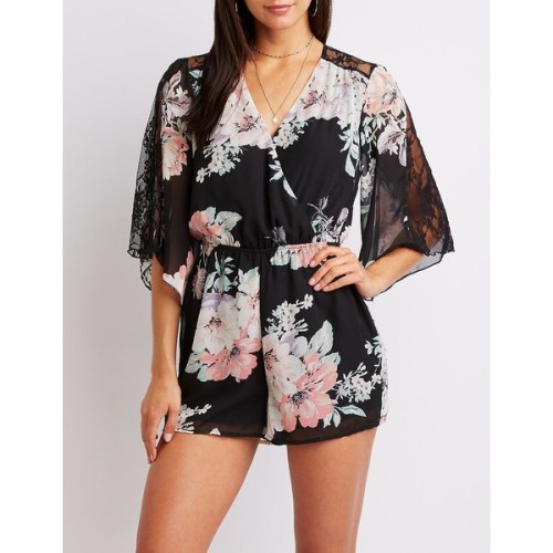 Charlotte Russe Floral Lace-Inset Surplice Romper ❤ liked on Polyvore (see more ruffle rompers)