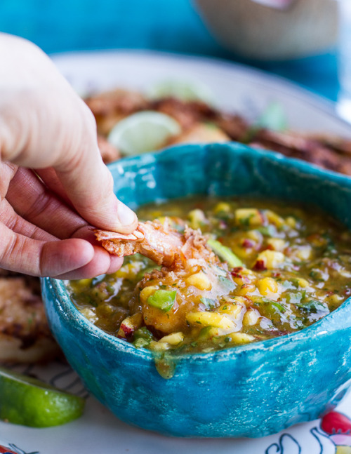 do-not-touch-my-food:   Coconut-Lime Fried Shrimp with Mango-Peach Jalapeño Sauce 