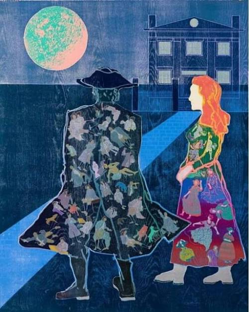 Guide me Oh Moon, Ann Truelove and the Rake  - Tom Hammick , 2020.British, b.1963-Woodcut ,160 x 121