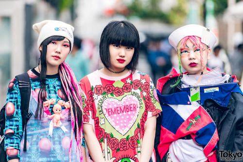 Japanese students Iyo, Napu, and Sakuran on the street in Harajuku wearing a mix of vintage, handmad