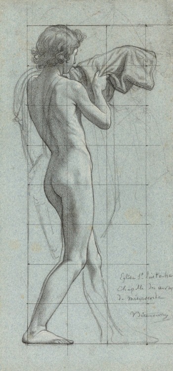 ganymedesrocks:  Victor François Eloi Biennour 1823-1893  Standing Youth Turned to the Right, Pulling a Piece of Drapery over His Left Arm: Study for a figure in “Les oeuvres de miséricorde,” Church of Saint-Eustache, Paris 