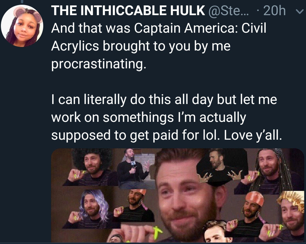 thelegendarybender:  Can we talk about this person thread? Aka Captain America: Civil Acrylics😂😭. These memes are officially out of hand lmfaooo  