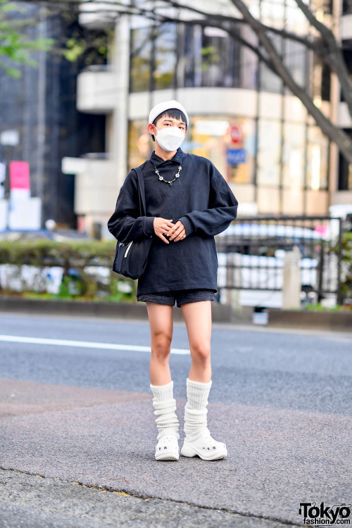 Tokyo-based Vietnamese designer VanCuong on the street in Harajuku wearing a monochrome look with a 