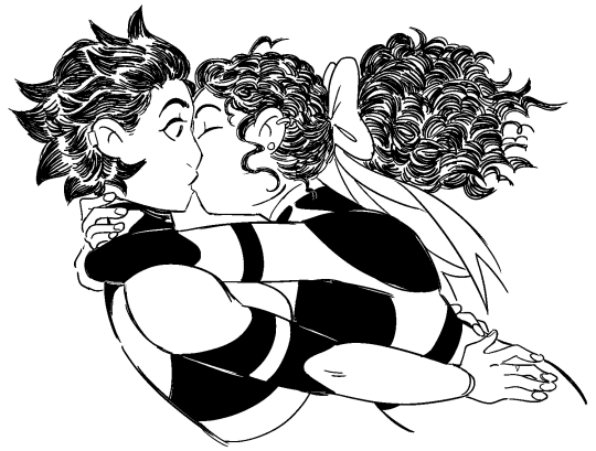 A black and white digital drawing of Mel (a woman with short straight dark hair) and Harmony (a woman with long dark curly hair tied into a ponytail with a bow) kissing. Harmony is the one initiating the kiss, flying into Mel’s arms with her own arms wrapped around Mel’s neck. Harmony’s eyes are closed while Mel’s are open in surprise.